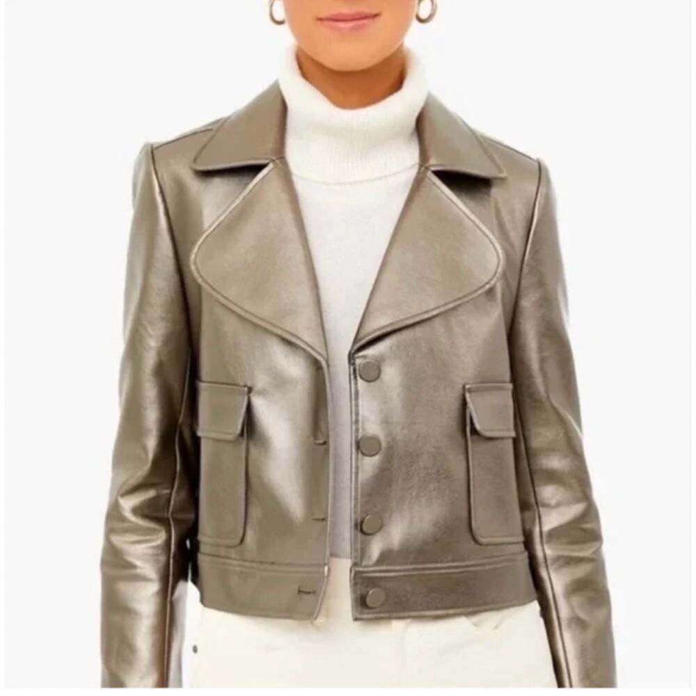 Metallic Leather Cropped Jacket - Gold - Picture 15 of 16